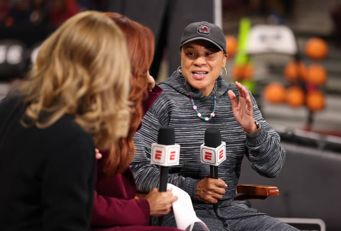 South Carolina head coach Dawn Staley is interviewed on ESPN during practice at Colonial Life Arena on Tuesday, October 31, 2023.