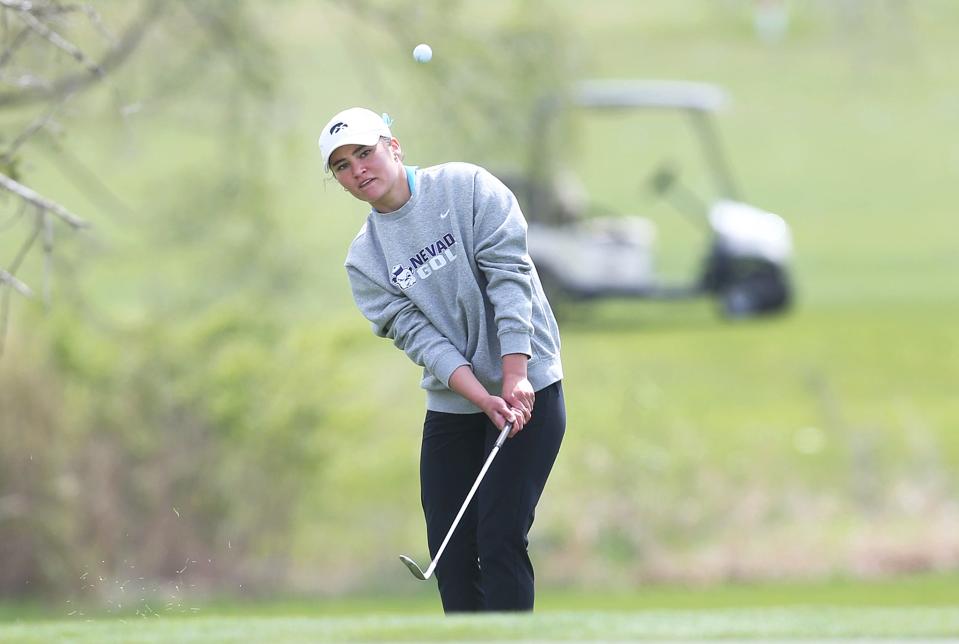 Nevada girls golfer Olivia Axmear, seen here competing at the Turk Bowman Invitational on April 22, was the individual medalist at the Heart of Iowa Conference girls golf meet on May 1.