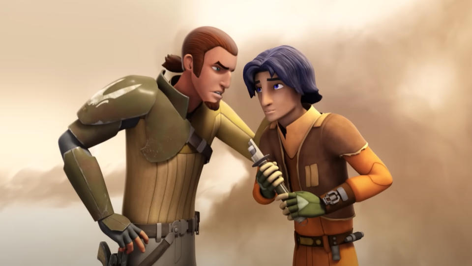Animated characters, on the left, a man with orange hair, and on the right, a boy with blue hair, holding a weapon