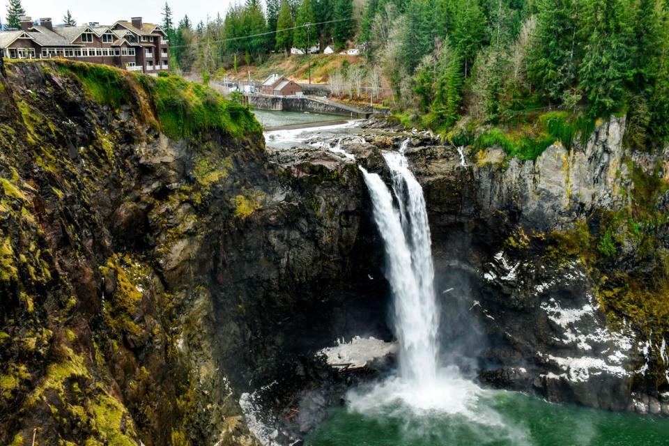 Streams of water cascade down a waterfall in Washington state.