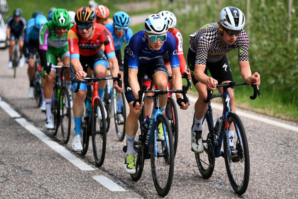 BRENTONICO SAN VALENTINO ITALY  APRIL 19 LR Jasha Stterlin of Germany and Team Bahrain Victorious Juri Hollmann of Germany and Movistar Team and Liam Johnston of Australia and Team Trinity Racing compete in the breakaway during the 46th Tour of the Alps 2023 Stage 3 a 1625km stage from Ritten to Brentonico San Valentino 1321m on April 19 2023 in Brentonico San Valentino Italy Photo by Tim de WaeleGetty Images