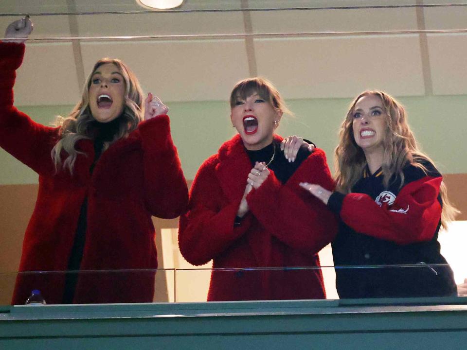 <p>Stacy Revere/Getty</p> Lyndsay Bell, Taylor Swift and Brittany Mahomes react in a suite during the game between the Kansas City Chiefs and the Green Bay Packers on December 03, 2023 in Green Bay, Wisconsin. 