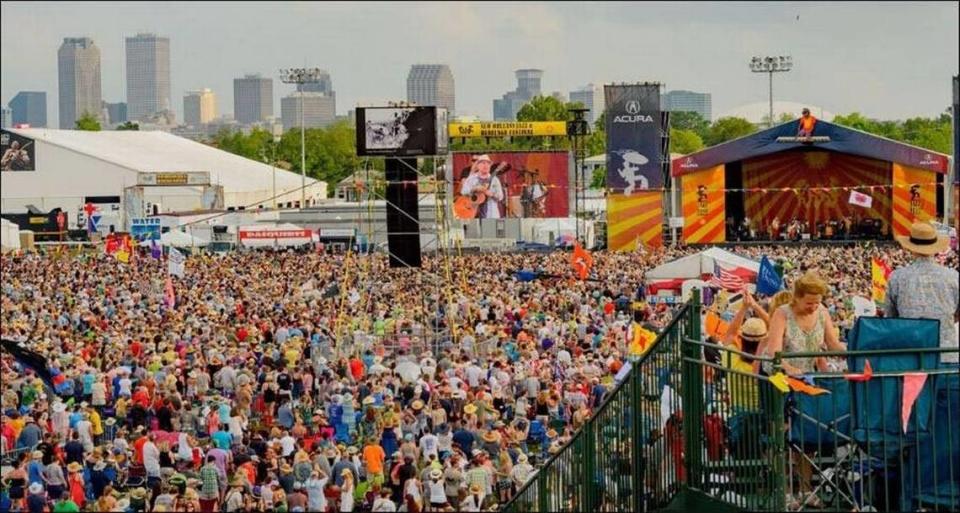 A crowd stands in front of the Acrua Stage during Paul Simon’s performance in 2016. The musical acts for the 2024 Jazz and Heritage Festival were announced Thursday, January 18, 2024.