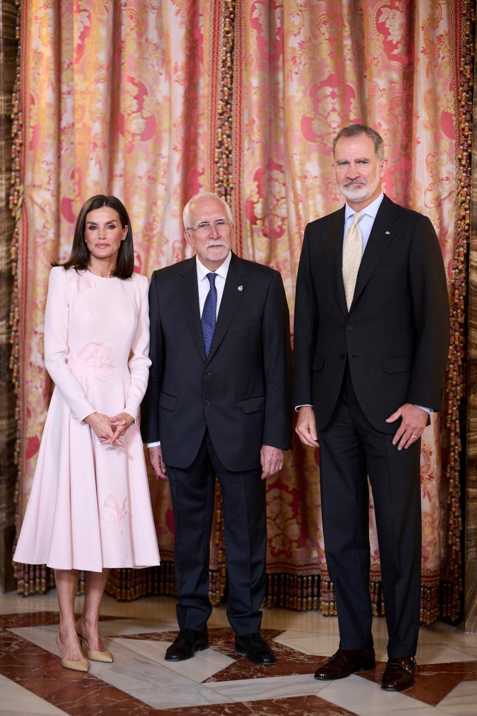 (L-R) Queen Letizia of Spain, Luis Mateo Díez and King Felipe of Spain at the official lunch for the "Miguel De Cervantes 2023" award on April 24 in Madrid.