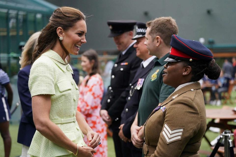 PHOTO: The Princess of Wales speaks to Sgt Loreen Vimbainashe Siaga of the British Army on day thirteen of the 2023 Wimbledon Championships at the All England Lawn Tennis and Croquet Club in Wimbledon, England, on July 15, 2023. (Victoria Jones, Pool via AP)