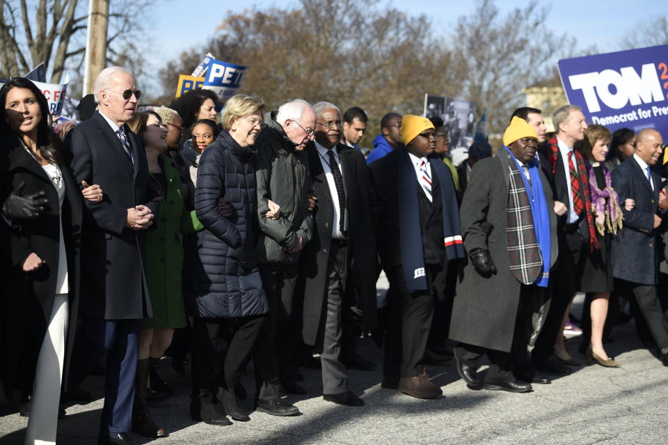 Most of the Democrats seeking their party's presidential nomination, at the Martin Luther King Jr. Day rally. (Photo: ASSOCIATED PRESS)