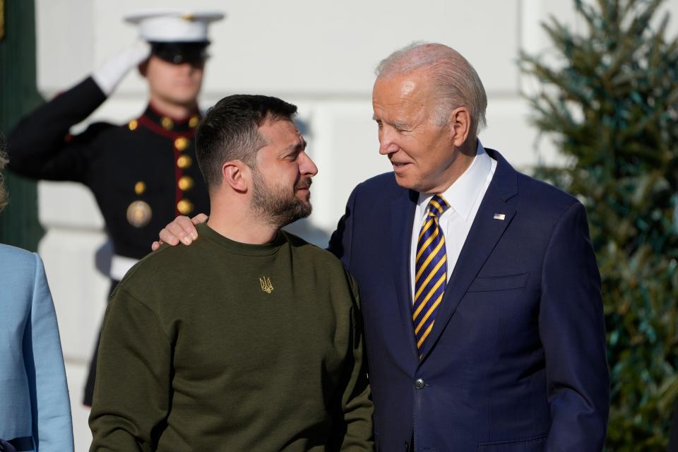 President Biden welcomes President Volodymyr Zelenskyy of Ukraine on the South Lawn of the White House on Dec. 21, 2022. The Ukrainian President visited Washington to meet with Biden and US lawmakers. President Zelenskyy will also address a joint meeting of Congress at the Capitol during his first trip outside his country since Russia began its violent invasion of Ukraine in February.