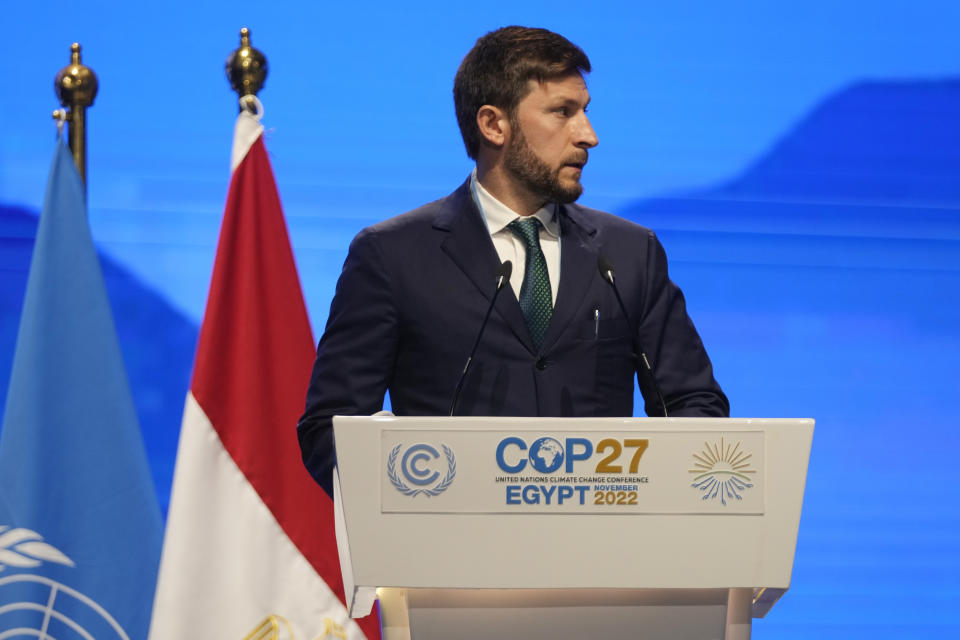 Ruslan Edelgeriev, special presidential representative on climate issues of Russia, speaks at the COP27 U.N. Climate Summit, Tuesday, Nov. 15, 2022, in Sharm el-Sheikh, Egypt. (AP Photo/Peter Dejong)