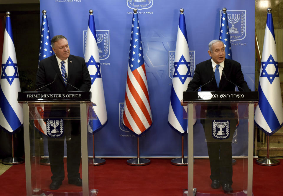 U.S. Secretary of State Mike Pompeo, left, and Israeli Prime Minister Benjamin Netanyahu make joint statements to the press after meeting, in Jerusalem, Monday, Aug. 24, 2020. (Debbie Hill/Pool via AP)