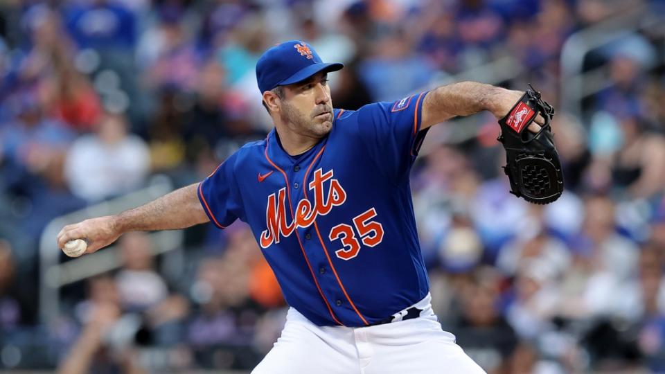 June 26, 2023;  New York City, New York, USA;  New York Mets starting pitcher Justin Verlander (35) pitches against the Milwaukee Brewers during the second inning at Citi Field.  Mandatory Credit: Brad Penner-USA TODAY Sports
