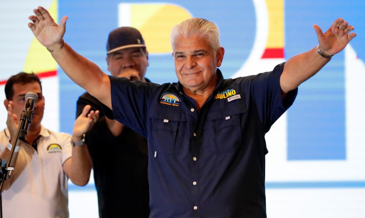 <span>José Raúl Mulino gestures during a speech at his campaign headquarters in Panama City on Sunday.</span><span>Photograph: Bienvenido Velasco/EPA</span>
