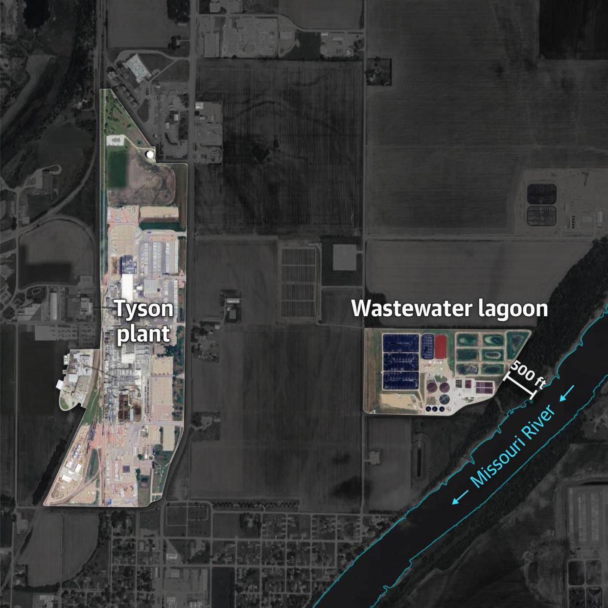 <span>A satellite map from Google Earth of a Tyson processing plant in Dakota City, Nebraska</span><span>Illustration: Guardian Design</span>