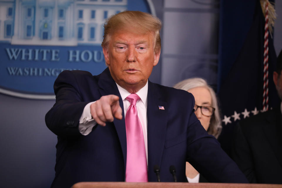 WASHINGTON DC, USA - FEBRUARY 26: U.S. President Donald Trump holds a press conference announcing U.S. Vice President Mike Pence to lead the effort combating the spread of the coronavirus in Washington DC, United States on February 26, 2020. (Photo by Yasin Ozturk/Anadolu Agency via Getty Images)