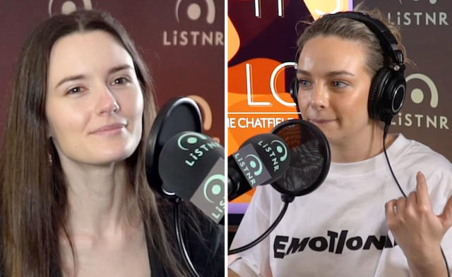L: Photo of Charlotte Star talking into a Listnr podcast microphone. R: Abbie Chatfield with headphones on, speaking into a Listnr podcast microphone