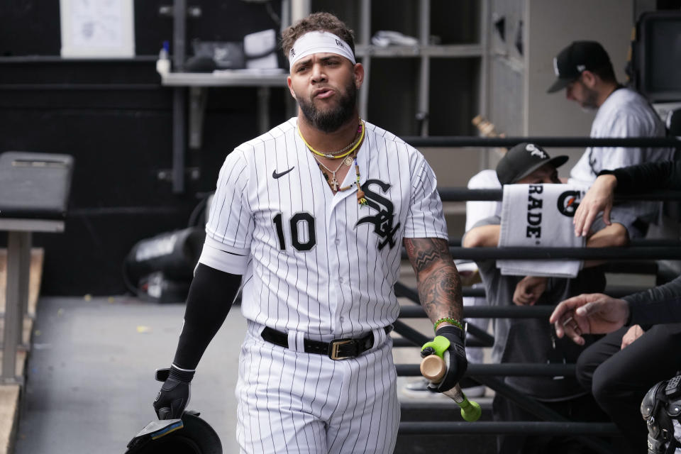 Chicago White Sox's Yoan Moncada reacts after striking out swinging during the first inning of a baseball game against the San Francisco Giants in Chicago, Wednesday, April 5, 2023. (AP Photo/Nam Y. Huh)