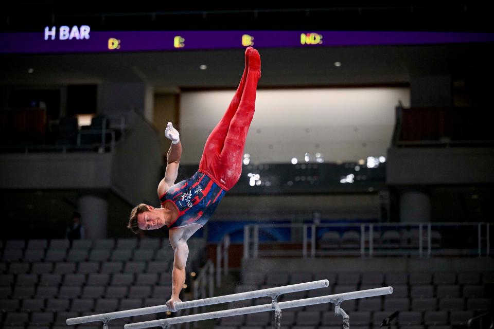 Brody Malone of EVO Gymnastics competes on the parallel bars during the men’s 2024 Xfinity U.S. Gymnastics Championships at Dickies Arena.