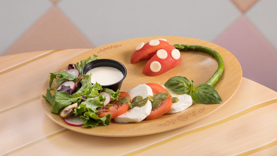 The Piranha Plant Caprese at Super Nintendo World's Toadstool Cafe, which is inside Universal Studios Hollywood in Southern California.