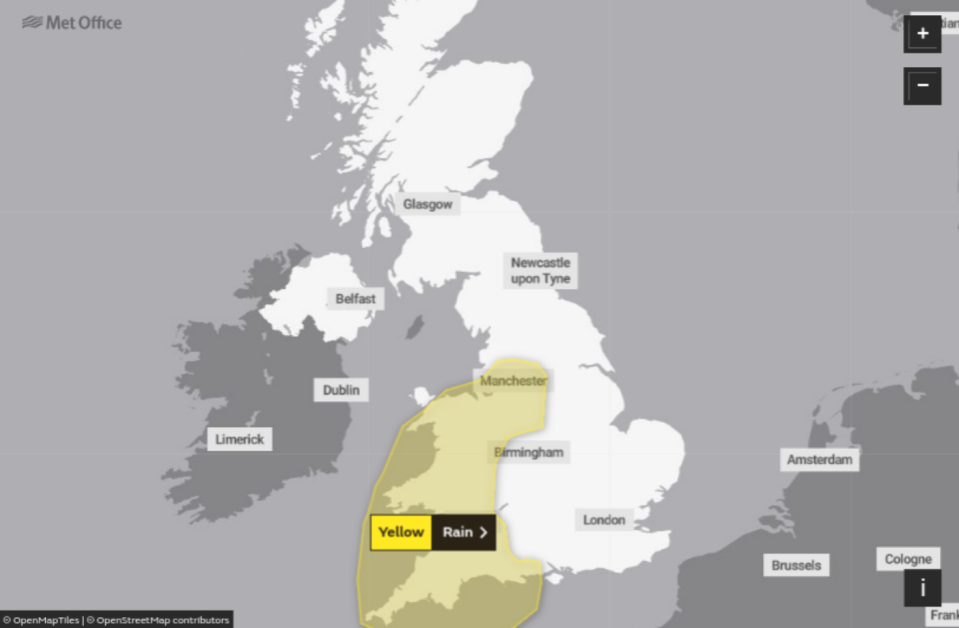 A rain warning is in place for the south west, Wales and parts of the North on Friday (MET OFFICE)