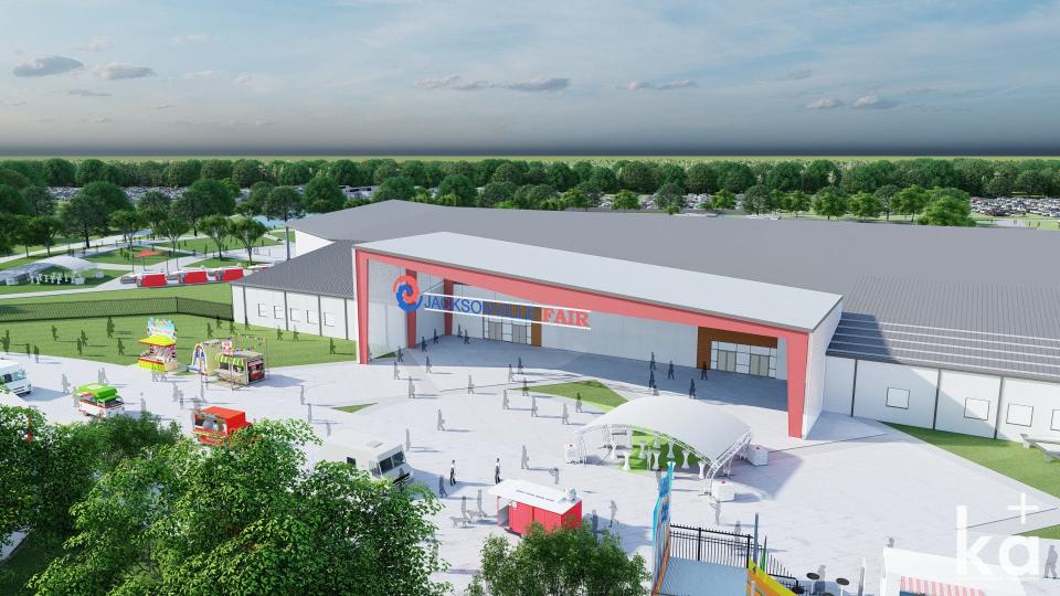 A new expo center, shown in this rendering, would be a centerpiece of the new Jacksonville fairgrounds at a Westside regional park. The first edition of the fair at the park could happen in fall 2025.