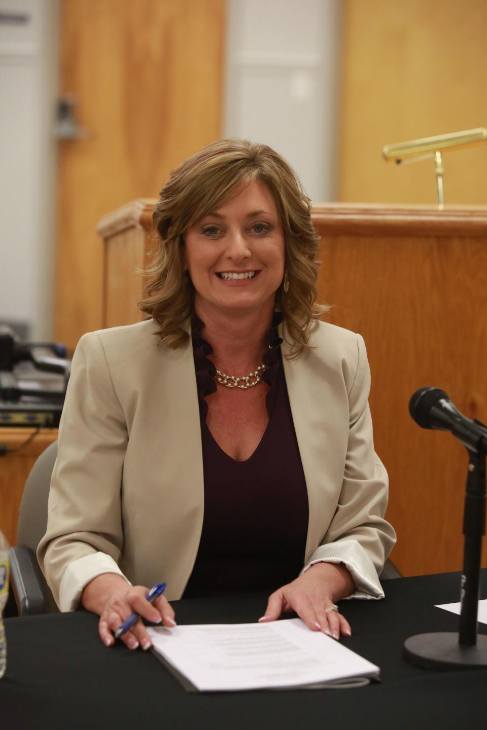 Jean Luna-Vedder answers questions during her interview Thursday for Clarksville-Montgomery County School System director of schools job.