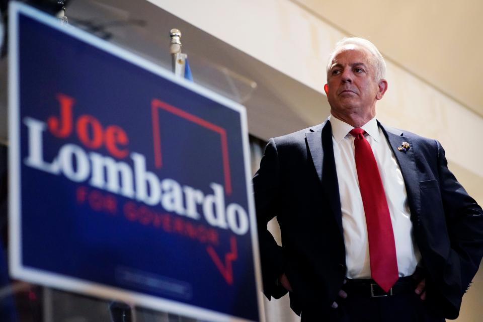 Joe Lombardo, Clark County sheriff and a candidate for the Republican nomination for Nevada governor, stands on stage during a primary-night party, June 14, 2022, in Las Vegas. The latest expense reports for state candidates in Nevada hold a familiar pattern, incumbent Democrats raised more than their Republican opponents in every statewide race.
