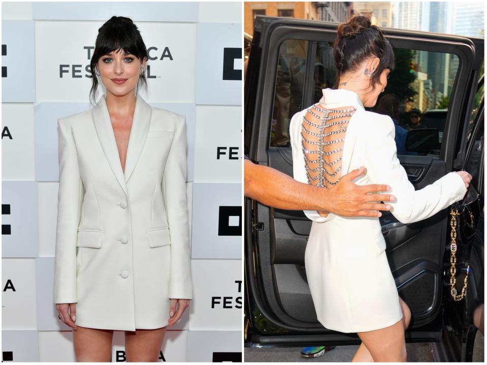 Side by side of Dakota smiling in a white blazer minidress with large buttons and pockets next to the backview with an open back and strands of crystals connecting the fabric hemlines.