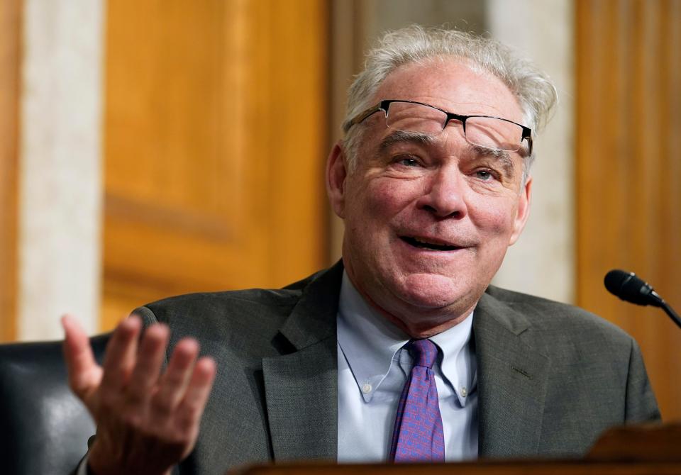 Sen. Tim Kaine, D-Va., speaks during a Senate Armed Services hearing on Capitol Hill in July.