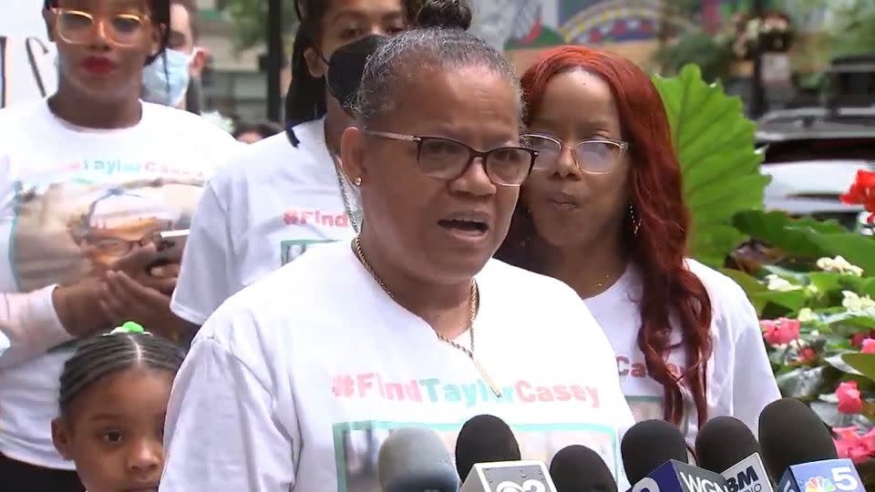 Colette Seymore speaks during a press conference about the search for her missing daughter on July 11, 2024, in Chicago. - WLS