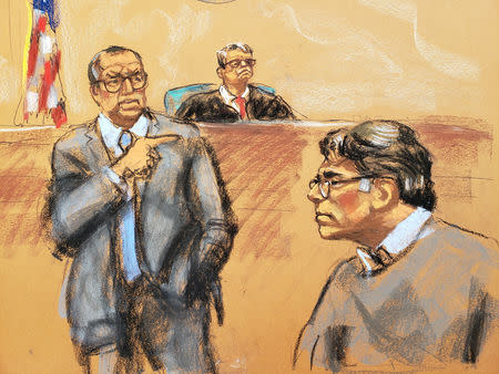 Defense attorney Marc Agnifilo (L) points in the direction of former self-help guru Keith Raniere, in this courtroom sketch, at the Brooklyn Federal Courthouse in New York, U.S., May 7, 2019. REUTERS/Jane Rosenberg NO RESALES. NO ARCHIVES.