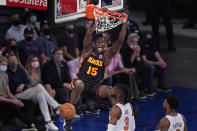 Atlanta Hawks' Clint Capela dunks during Game 1 of an NBA basketball first-round playoff series against the New York Knicks, Sunday, May 23, 2021, in New York. (AP Photo/Seth Wenig, Pool)