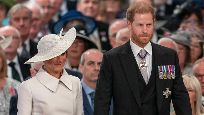 Prince Harry looks "deeply unhappy" during his appearance at the Service of Thanksgiving amid his return to the U.K. for Queen Elizabeth's Platinum Jubilee, a royal expert claims. <span class="copyright">ARTHUR EDWARDS/POOL/AFP via Getty Images</span>