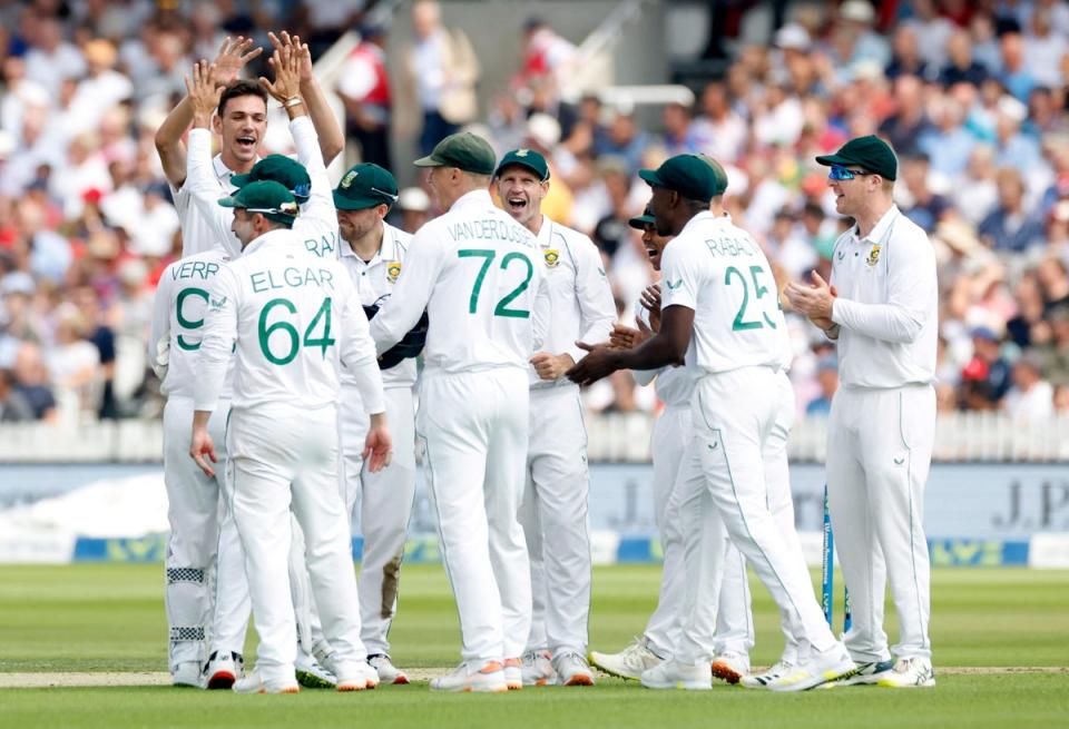 Marco Jansen is congratulated by his teammates after getting Joe Root out (Action Images/Reuters)