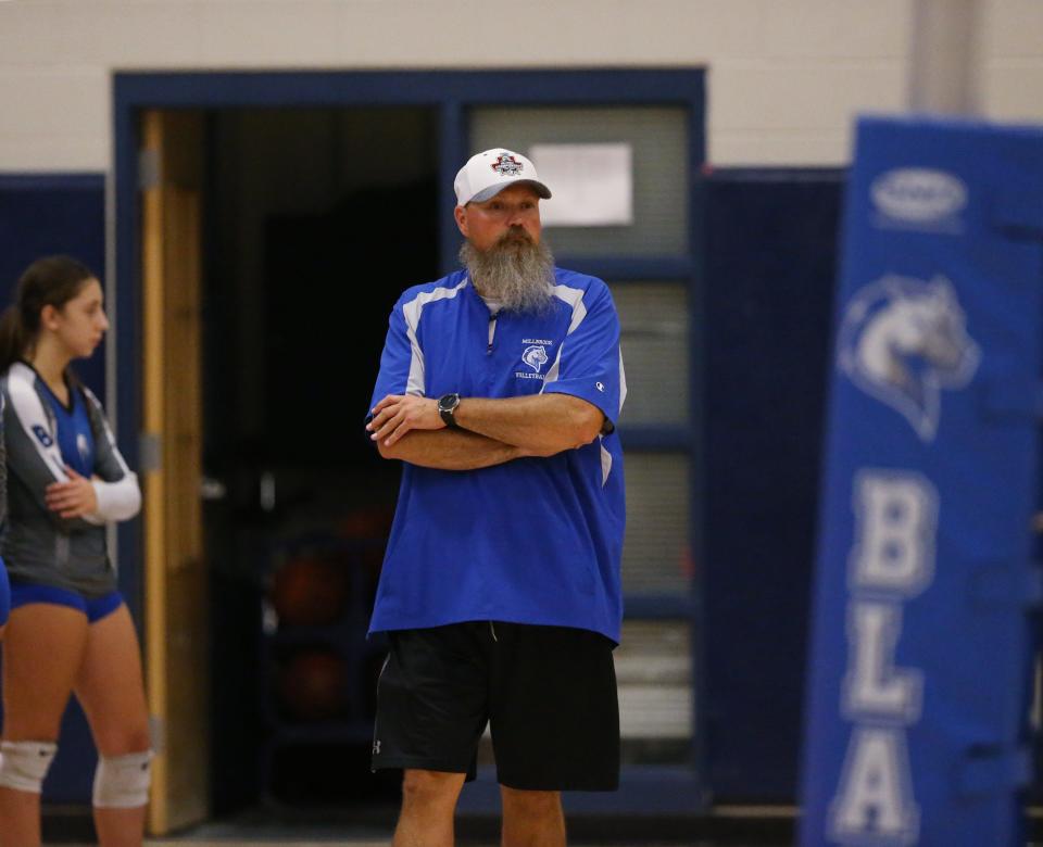 Millbrook High School volleyball coach, Shawn Stoliker, watches from the sideline during Thursday's game versus Onteora on September 7, 2023.