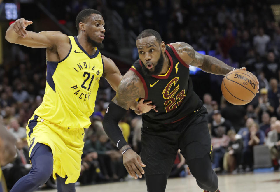 LeBron James drives against the Pacers’ Thaddeus Young during Game 7 on Sunday in Cleveland. (AP)