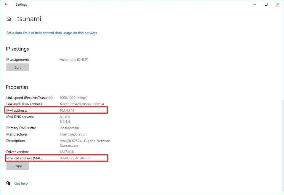 Windows 10 network card IP and MAC