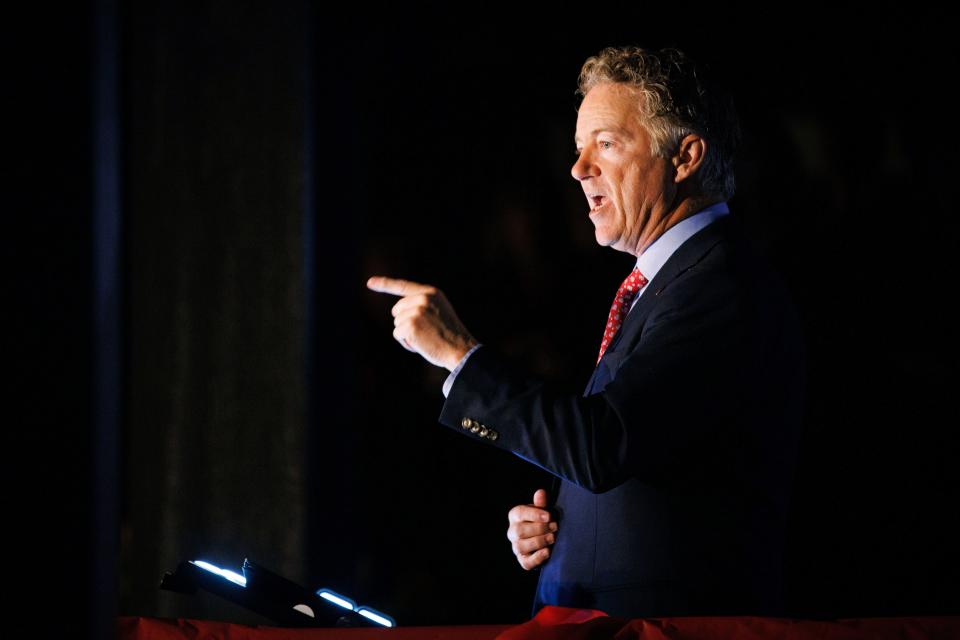 Sen. Rand Paul, R-Ky, gives a victory speech at the Bowling Green Country Club after defeating Charles Booker for U.S. Senate in Bowling Green, Ky., Tuesday, Nov. 8, 2022. (AP Photo/Michael Clubb)