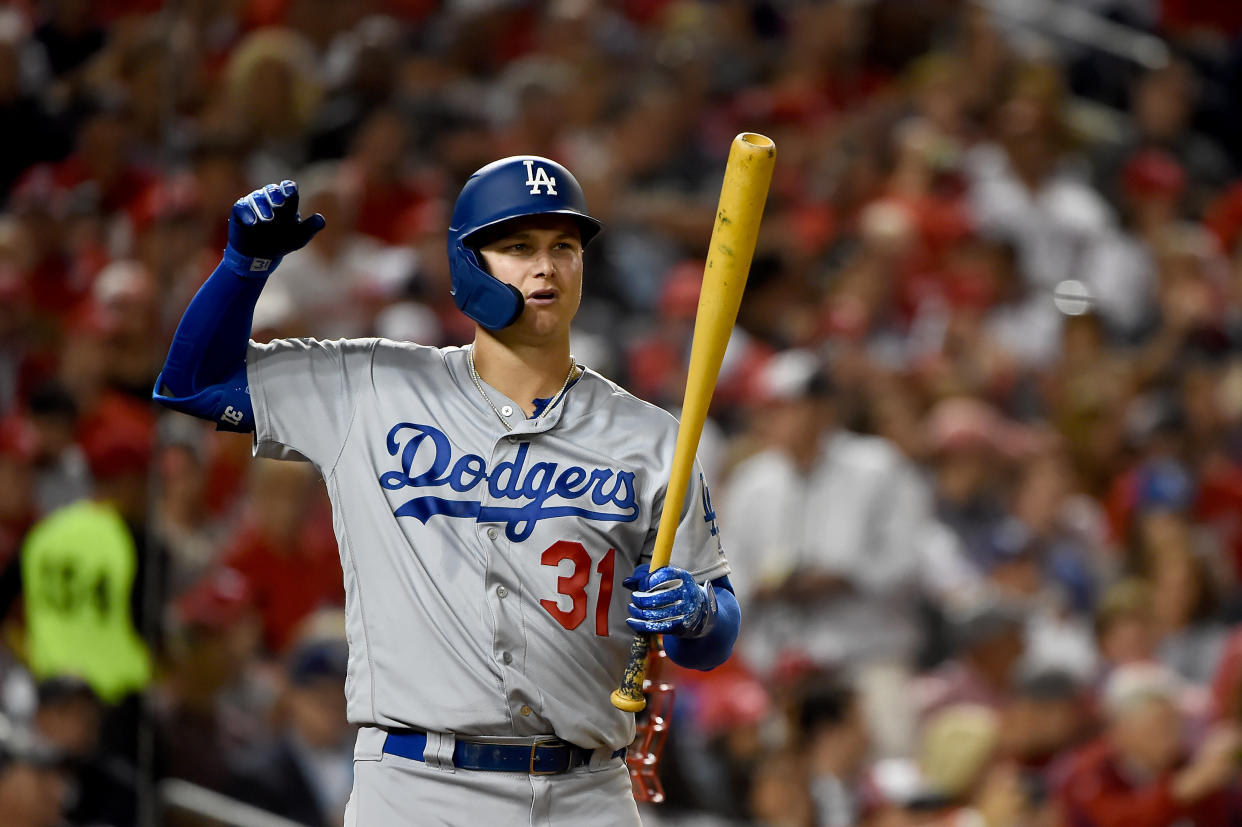 WASHINGTON, DC - OCTOBER 06: Joc Pederson #31 of the Los Angeles Dodgers at bat against the Washington Nationals in game three of the National League Division Series at Nationals Park on October 6, 2019 in Washington, DC. (Photo by Will Newton/Getty Images)