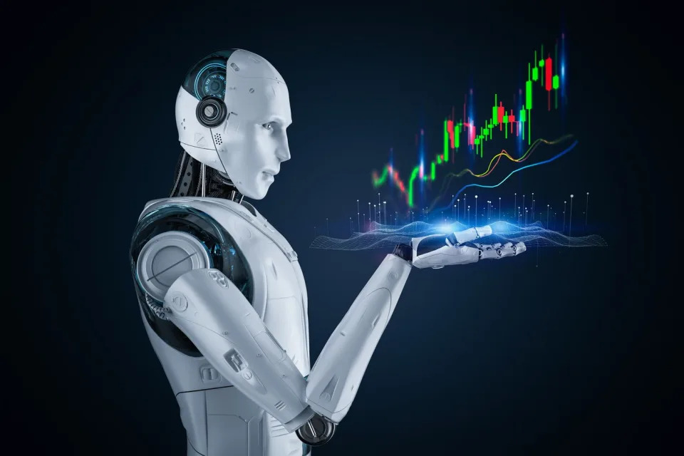 A hologram from the right palm of a humanoid robot displaying a rapidly rising candlestick stock chart.