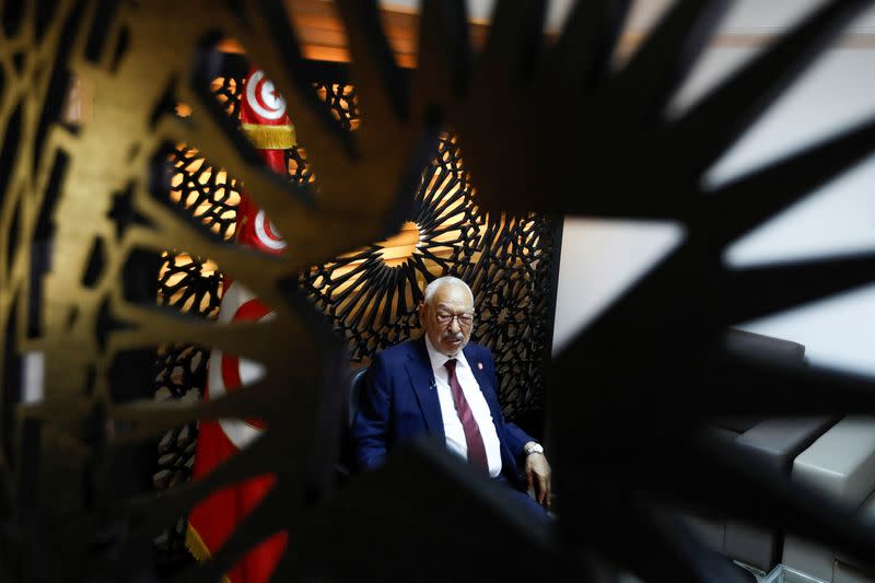 Rached Ghannouchi attends an interview with Reuters at his office in Tunis