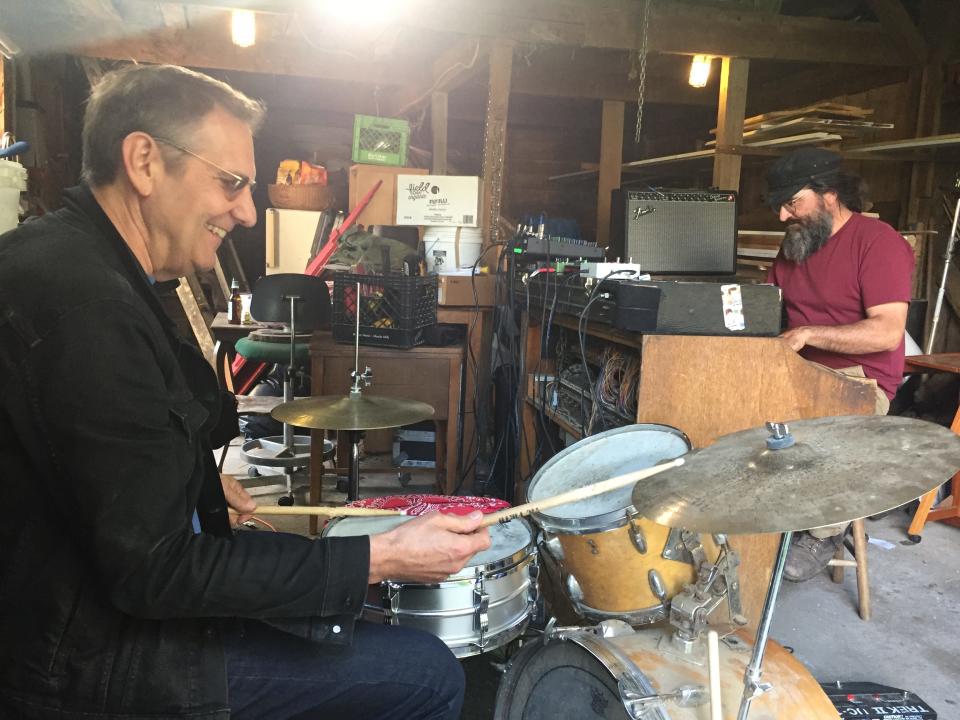 Drummer Russ Lawton and keyboard player Ray Paczkowski of Soule Monde rehearse May 14, 2021 at Paczkowski's home in Ripton.