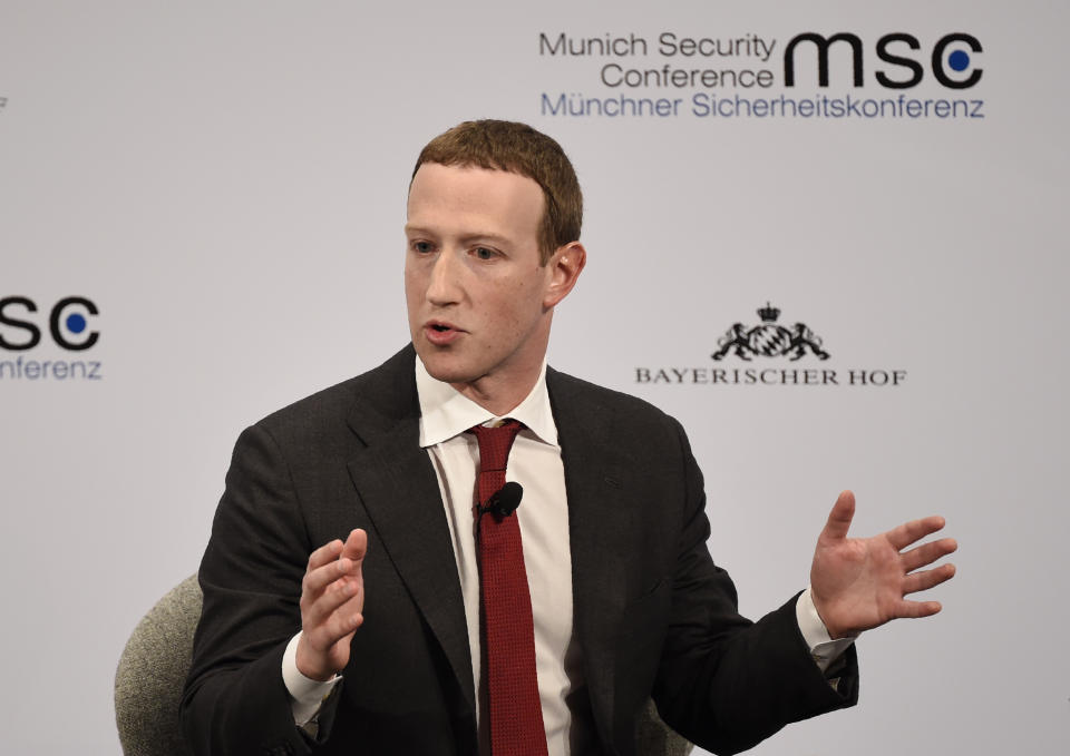 Facebook CEO Mark Zuckerberg speaks on the second day of the Munich Security Conference in Munich, Germany, Saturday, Feb. 15, 2020. (AP Photo/Jens Meyer)