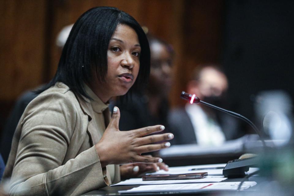 Yonkers City Councilwoman Corazon Pineda Issac speaks against extending term limits for Yonkers city officials during a meeting at City Hall Nov. 22, 2022. The Yonkers City Council voted to extend term limits, which will allow Mayor Mike Spano to run for a fourth consecutive four year term. 