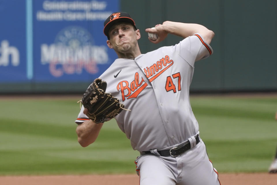 Baltimore Orioles starting pitcher John Means throws against the Seattle Mariners during the seventh inning of a baseball game, Wednesday, May 5, 2021, in Seattle. (AP Photo/Ted S. Warren)