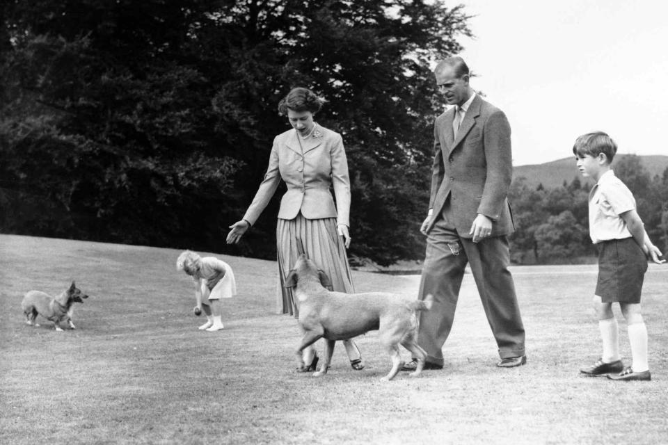Bettmann Archive/Getty Queen Elizabeth with Prince Philip, Prince Charles, Princess Anne and their family dogs at Balmoral in 1955