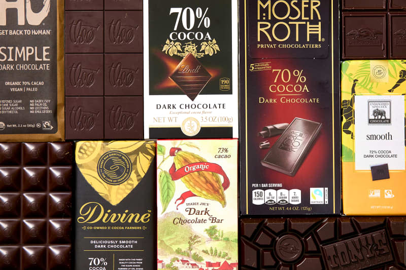 overhead shot of an assortment of chocolate brands like Theo, Lindt, Moser Roth, Tony's, Trader Joe's and Divine.