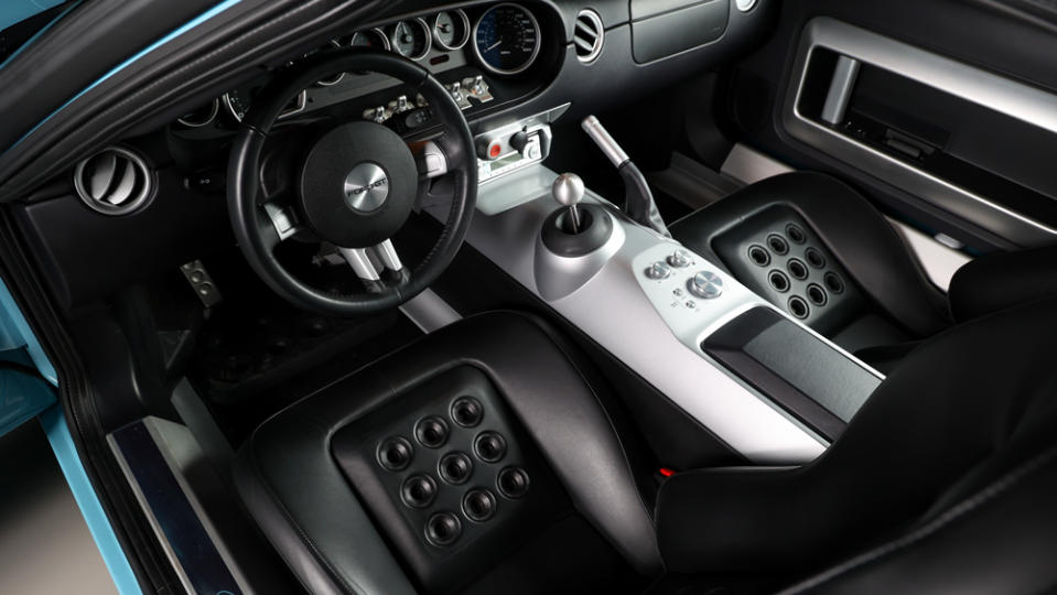 The cockpit of a 2006 Ford GT Heritage Edition supercar.