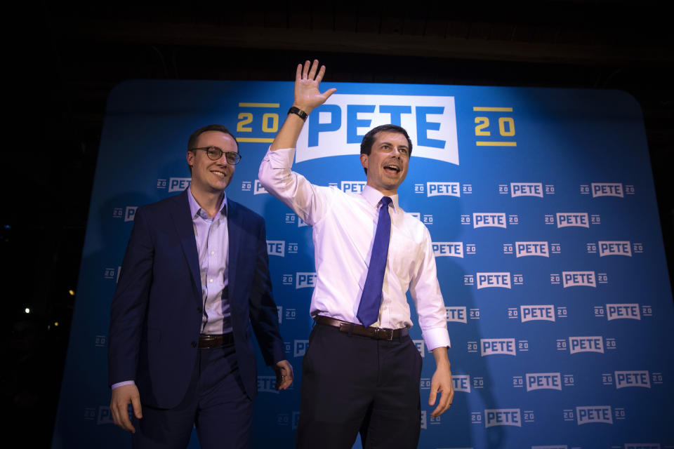 FILE - In this May 9, 2019 file photo, Democratic presidential candidate Pete Buttigieg, right, and husband, Chasten Glezman, acknowledge supporters after speaking at a campaign event in West Hollywood, Calif. A significant portion of US voters remains hesitant about supporting an LGBT candidate for president, according to a new AP-NORC poll. Yet many LGBT candidates in major non-presidential races have overcome such attitudes, and political experts predict the path for future LGBT office-seekers will steadily grow smoother. (AP Photo/Jae C. Hong)