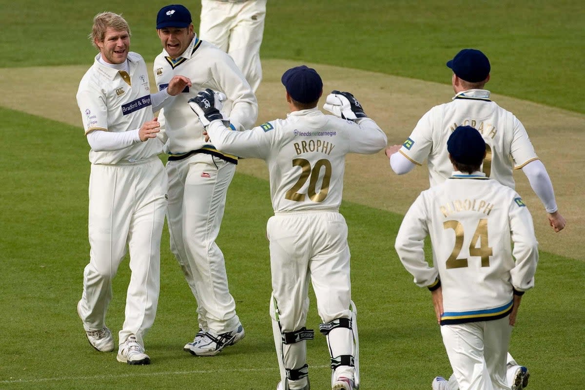 Yorkshire’s Matthew Hoggard, left, with Tim Bresnan (Gareth Copley/PA) (PA Archive)