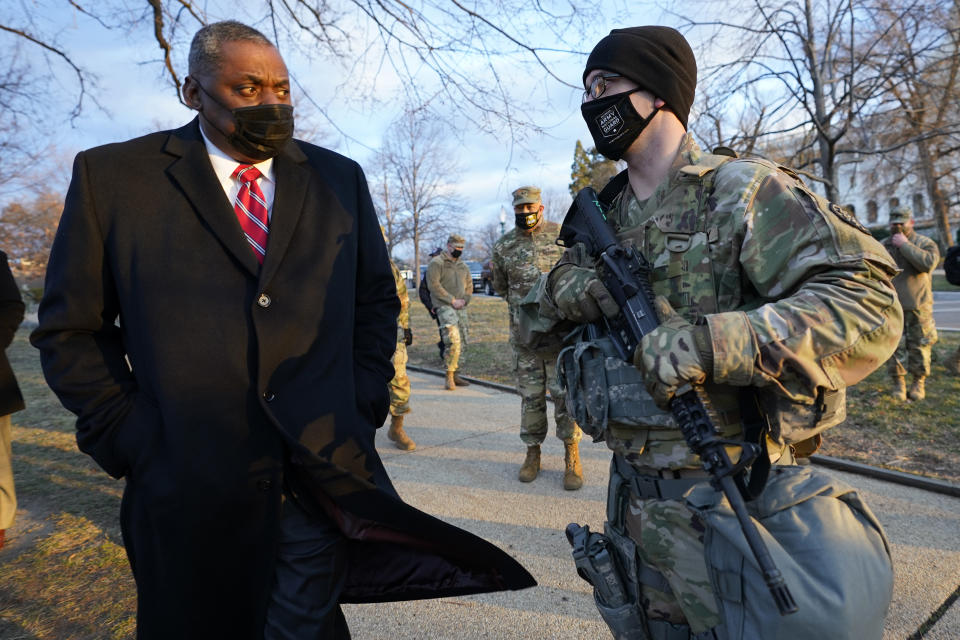 Secretary of Defense Lloyd Austin visits National Guard troops deployed at the U.S. Capitol on Jan. 29, 2021. (Photo: Manuel Balce Ceneta-Pool via Getty Images)