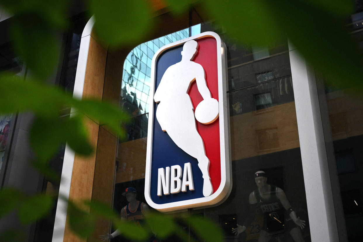 The NBA logo is seen outside an NBA fan store in New York on July 8, 2024. (Photo by ANGELA WEISS / AFP) (Photo by ANGELA WEISS/AFP via Getty Images)